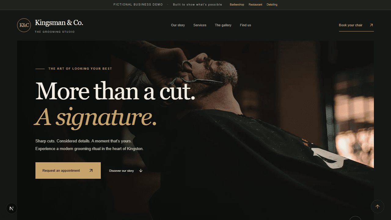 Dark editorial barbershop website concept